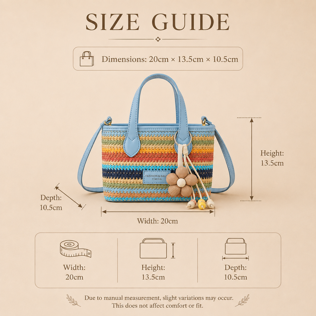 Woven mini tote crossbody bag size guide: 20 × 13.5 × 10.5 cm
