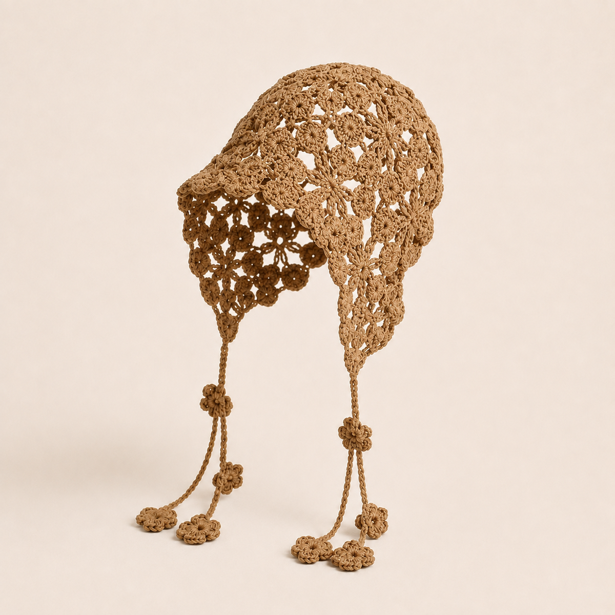 Hand-Crocheted Openwork Floral Tassel Bonnet