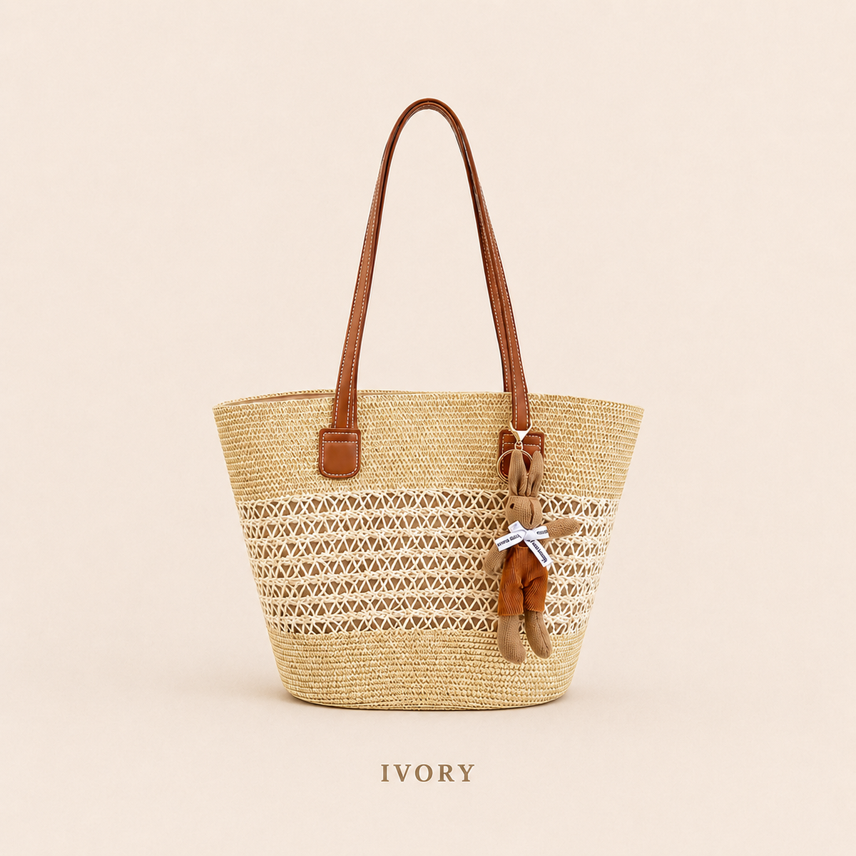 French-Inspired Woven Beach Tote Bag with Bunny Charm
