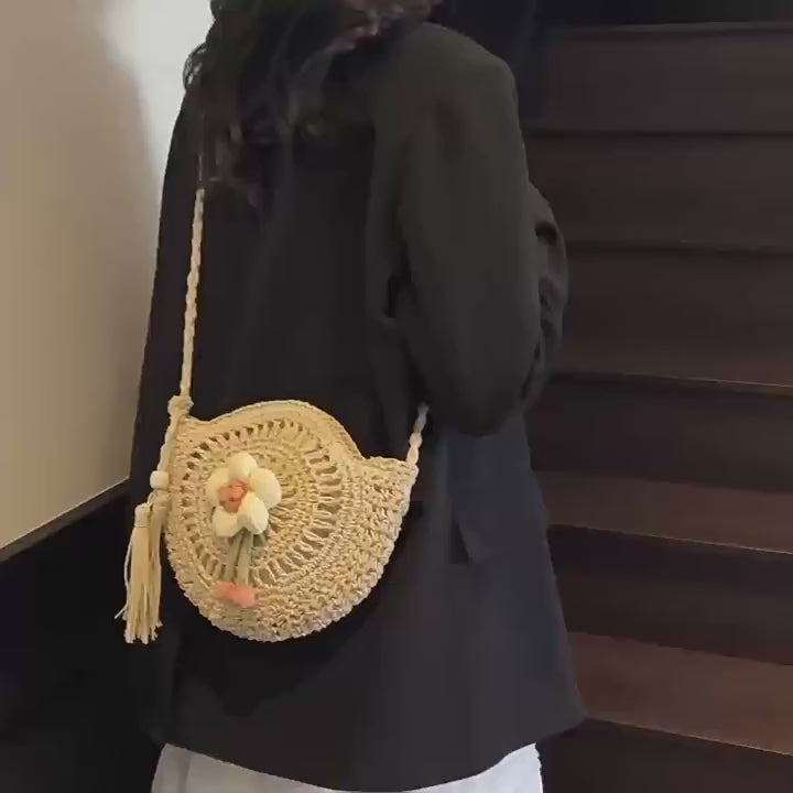 Ivory handwoven floral straw crossbody bag