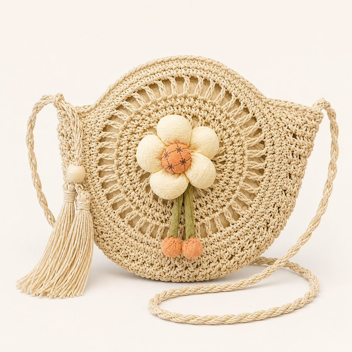 Handwoven Floral Straw Crossbody Bag